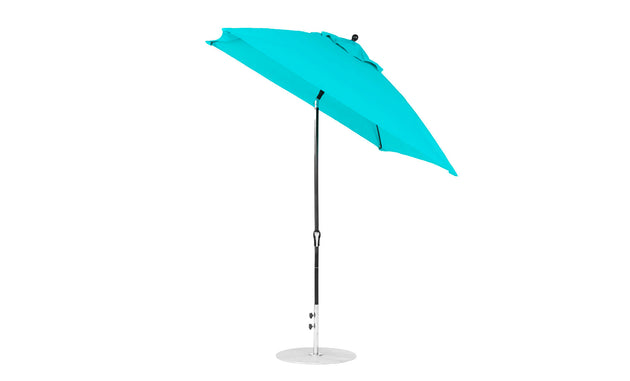 The Ledge Lounger Essential Fiberglass Umbrella - 7.5 Square Crank Auto Tilt in turquoise features marine-grade fabric, a tilt function on a sleek black pole, and rests on a round silver base. Its taut fabric provides effortless shade.