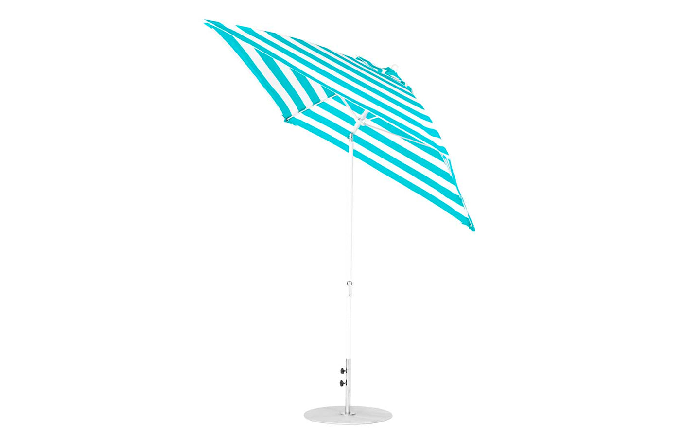 The Ledge Lounger Essential Fiberglass Umbrella, a 7.5 square crank auto tilt model, features a blue and white striped canopy made from marine-grade fabrics, supported by a corrosion-resistant white metal pole on a stable round base.