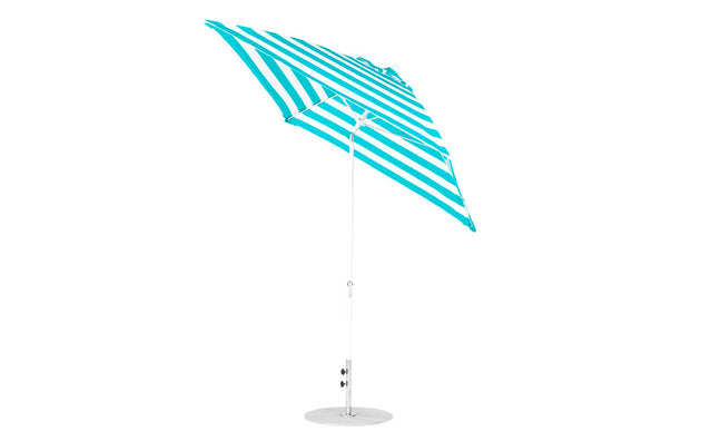 The Ledge Lounger Essential Fiberglass Umbrella, a 7.5 square crank auto tilt model, features a blue and white striped canopy made from marine-grade fabrics, supported by a corrosion-resistant white metal pole on a stable round base.