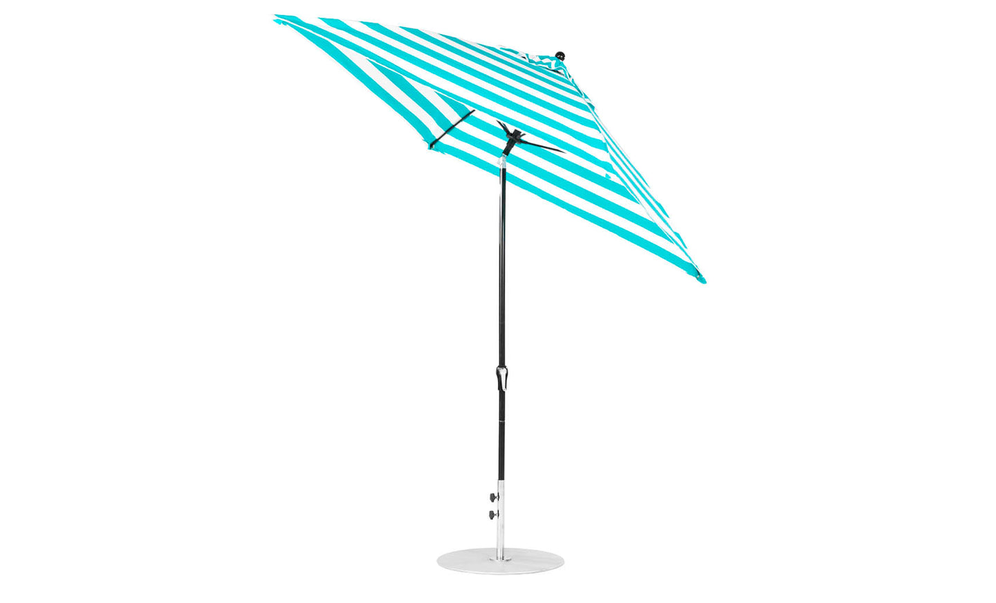 The Ledge Lounger Essential Fiberglass Umbrella - 7.5 Square Crank Auto Tilt, in teal and white stripes, features a slender metallic pole and round base. Its corrosion-resistant design ensures durability with marine-grade fabrics for lasting performance when fully open and tilted.