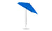 The Ledge Lounger Essential Fiberglass Umbrella features a blue, corrosion-resistant canopy with a black pole and round silver base. Partially open and tilted, its marine-grade fabric design includes a crank handle for easy adjustment against a plain white backdrop.