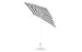 The Ledge Lounger Essential Fiberglass Umbrella 7.5 Square Crank Auto Tilt showcases modern aesthetics with its black and white striped marine-grade fabric, a corrosion-resistant metal pole, and a white backdrop for durability and style.