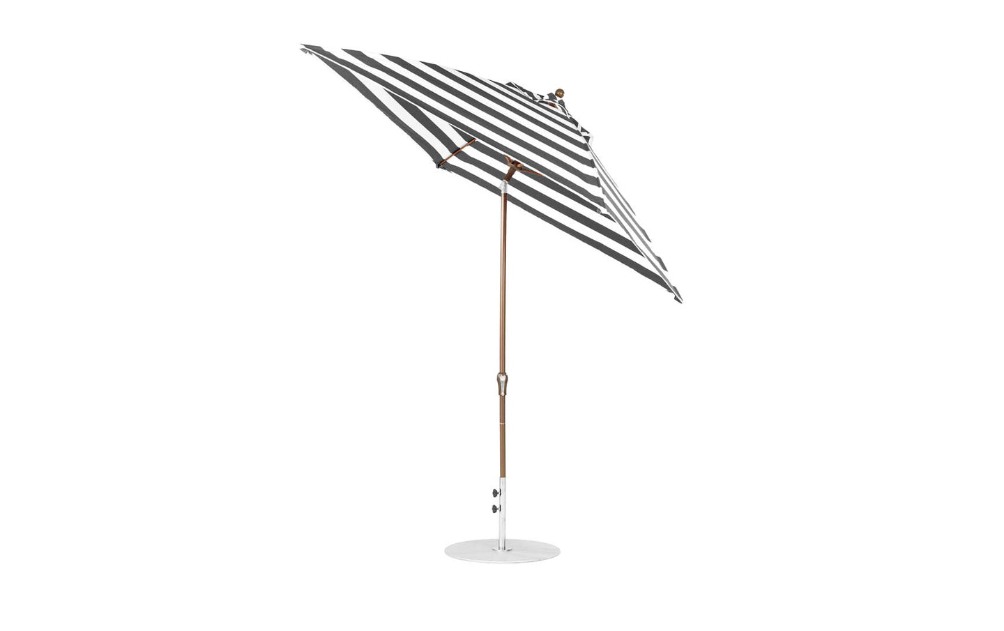 The Essential Fiberglass Umbrella by Ledge Lounger is a 7.5 square, crank auto-tilt design with a wooden pole and round base. Featuring black and white stripes, its made from marine-grade fabrics for durability and corrosion resistance, set against a white background.