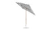 The Essential Fiberglass Umbrella by Ledge Lounger is a 7.5 square, crank auto-tilt design with a wooden pole and round base. Featuring black and white stripes, its made from marine-grade fabrics for durability and corrosion resistance, set against a white background.