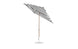 The Essential Fiberglass Umbrella by Ledge Lounger is a 7.5 square, crank auto-tilt design with a wooden pole and round base. Featuring black and white stripes, its made from marine-grade fabrics for durability and corrosion resistance, set against a white background.
