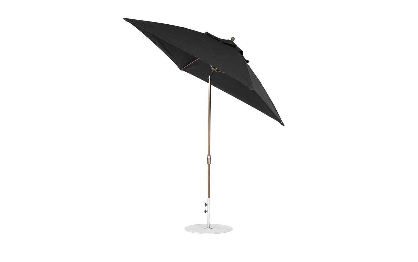 The Ledge Lounger 7.5 Square Crank Auto Tilt Essential Fiberglass Umbrella features a corrosion-resistant round white base, metal pole, and marine-grade fabrics. It is open and angled to showcase its sturdy structure against a plain white background.