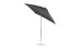 A black Ledge Lounger Essential Fiberglass Umbrella, 7.5 square with crank auto tilt, features a corrosion-resistant metal pole and round base on a white background, showcasing its tilted marine-grade fabric canopy for durability.