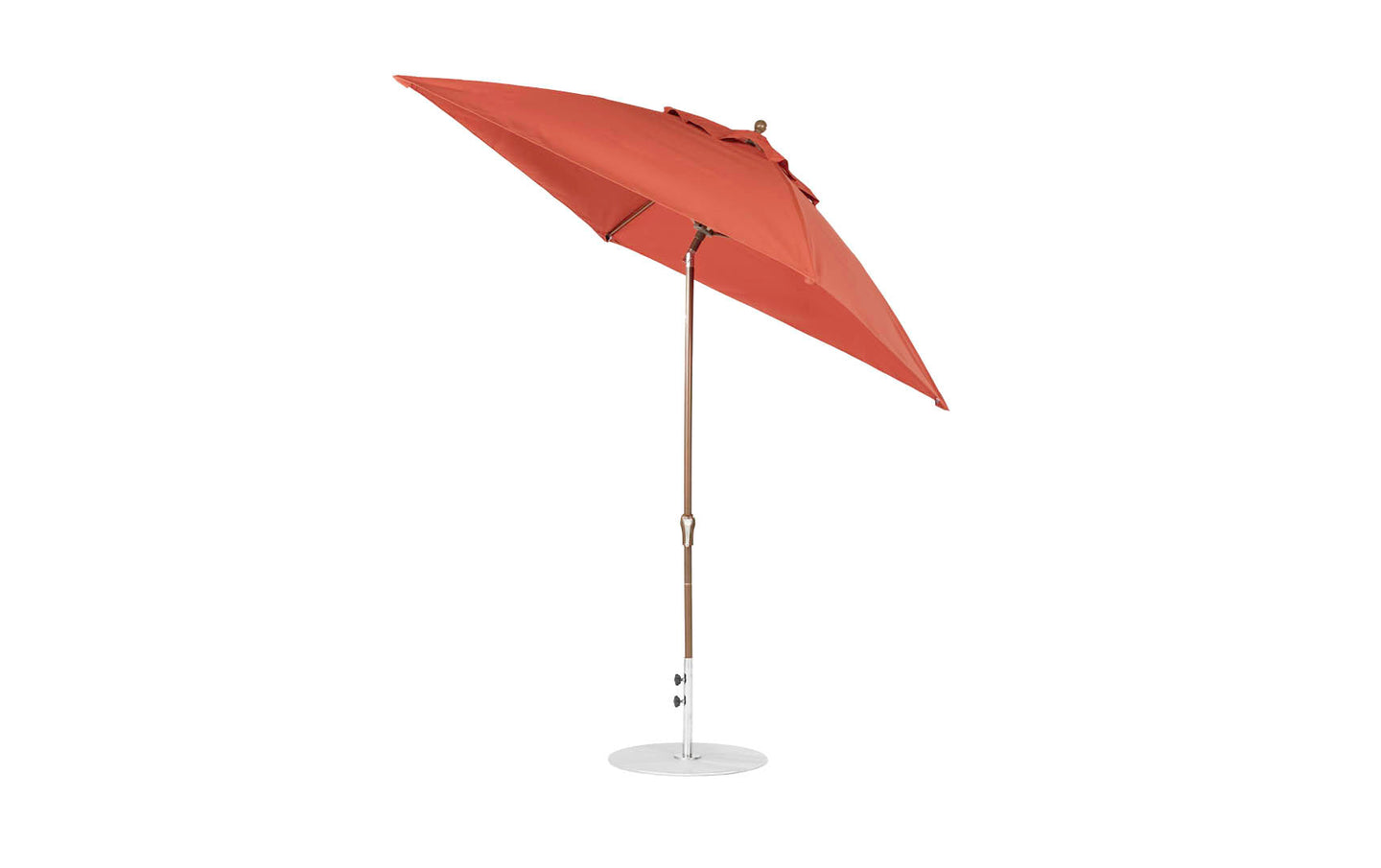 The Essential Fiberglass Umbrella - 7.5 Square Crank Auto Tilt by Ledge Lounger features a corrosion-resistant wooden pole and white circular base, elegantly angled on a white background, and designed with marine-grade fabrics for lasting durability.