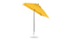The Ledge Lounger Essential Fiberglass Umbrella, 7.5 Square Crank Auto Tilt, features a yellow canopy with a corrosion-resistant metal pole and round silver base. Its slight tilt adds style and durability against the plain white background.
