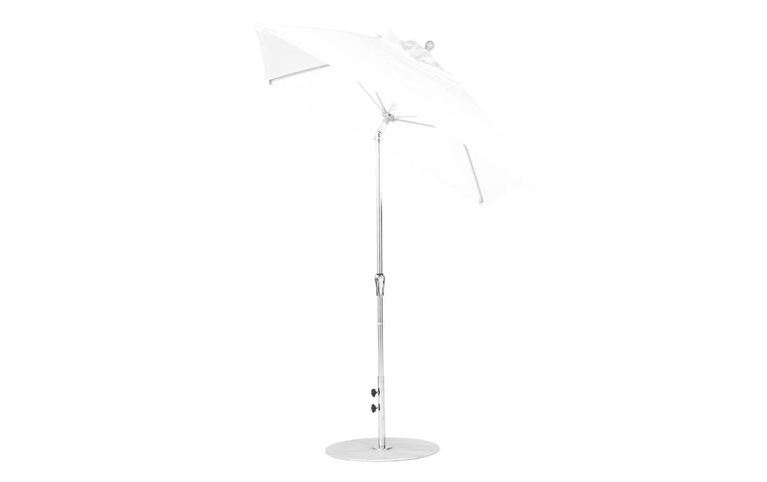 The Essential Fiberglass Umbrella - 6.5 Square Crank Auto Tilt by Ledge Lounger is a sleek white patio umbrella, featuring an aluminum pole and circular base. It has adjustable joints for tilt support and is set against a plain white background.