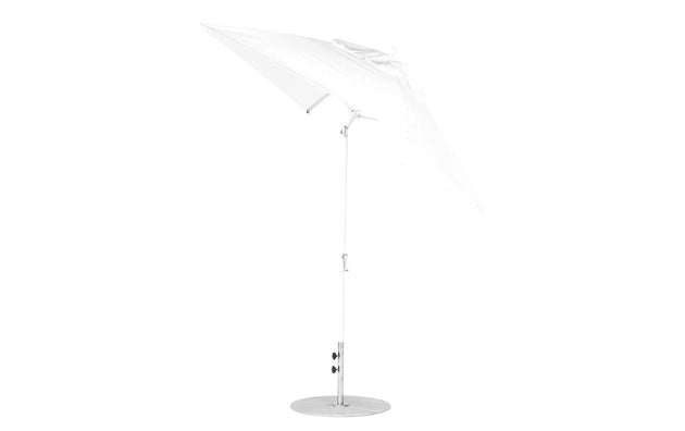 The Essential Fiberglass Umbrella by Ledge Lounger is a 6.5 square with a metal pole, circular base, and auto tilt. Its marine-grade fabric ensures its ideal for outdoor use, offering shade and durability.