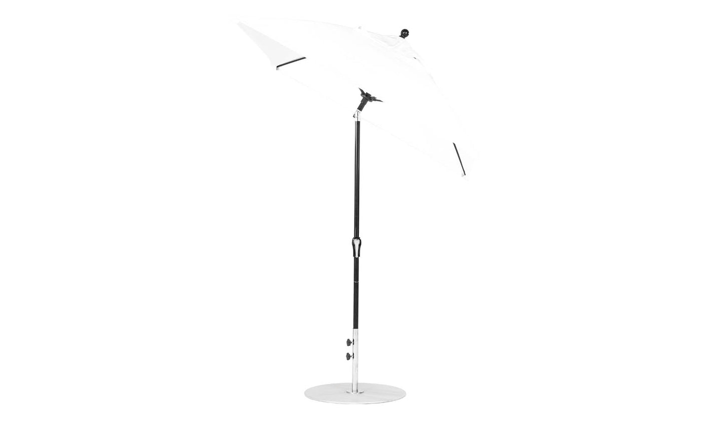 A sleek Essential Fiberglass Umbrella by Ledge Lounger, featuring marine-grade fabrics and a black pole with a slight left tilt, stands on a flat circular base. This 6.5 square crank auto tilt umbrella showcases a minimalist design against a plain white background.