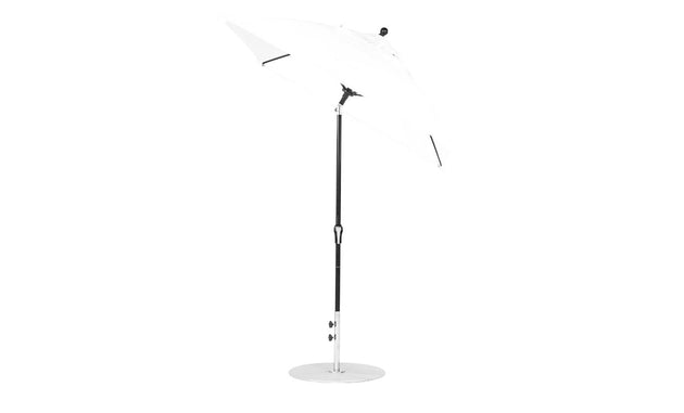 A sleek Essential Fiberglass Umbrella by Ledge Lounger, featuring marine-grade fabrics and a black pole with a slight left tilt, stands on a flat circular base. This 6.5 square crank auto tilt umbrella showcases a minimalist design against a plain white background.