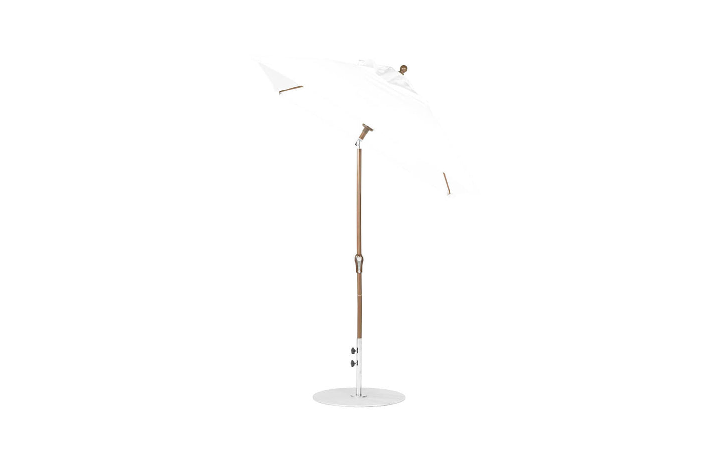 The Essential Fiberglass Umbrella by Ledge Lounger, a 6.5 square model with an auto tilt crank, features a white design with a wooden pole and metal base, crafted from corrosion-resistant materials and durable marine-grade fabrics, showcased against a plain white background.
