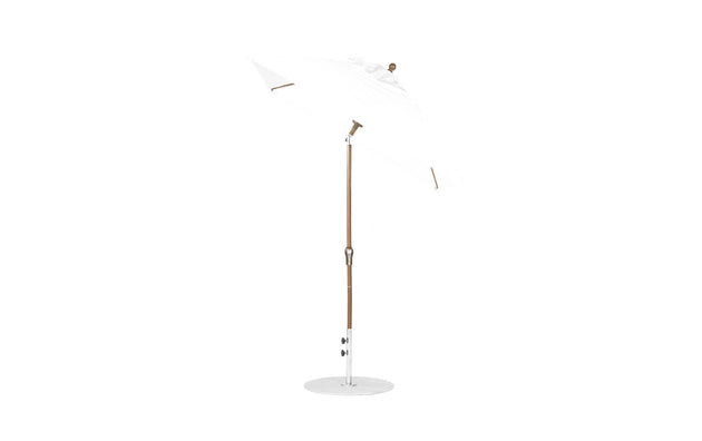 The Essential Fiberglass Umbrella by Ledge Lounger, a 6.5 square model with an auto tilt crank, features a white design with a wooden pole and metal base, crafted from corrosion-resistant materials and durable marine-grade fabrics, showcased against a plain white background.