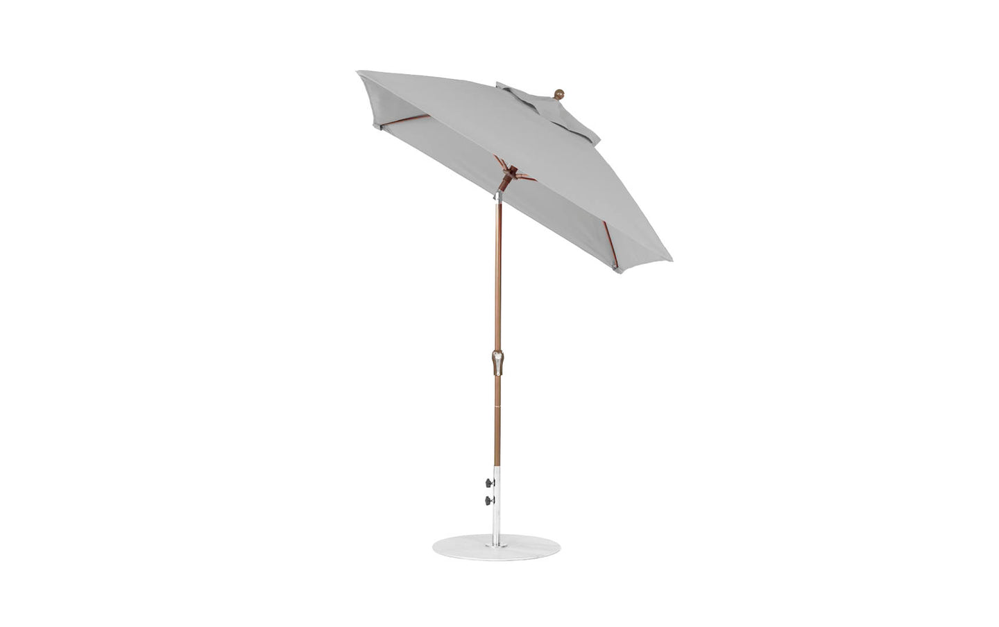 The Ledge Lounger Essential Fiberglass Umbrella features a modern gray design, crafted with corrosion-resistant materials and marine-grade fabrics. It has a sleek, adjustable metal pole with a round base and opens at an angle—perfect for garden or patio shade.