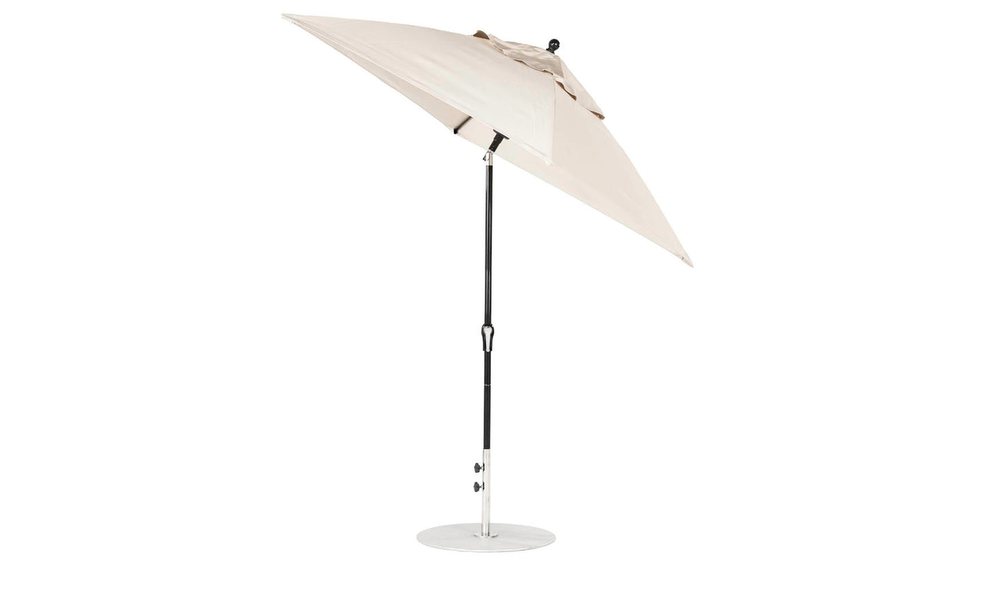 The Ledge Lounger Essential Fiberglass Umbrella features a corrosion-resistant, beige canopy made from marine-grade fabrics, elegantly positioned on a black metal pole with a round base. Perfect for patio use, this 6.5 square crank auto-tilt umbrella appears against a plain white background.