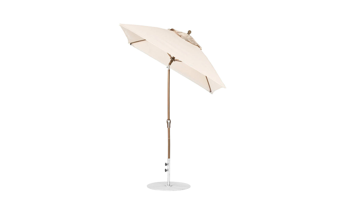 The Ledge Lounger Essential Fiberglass Umbrella - 6.5 features marine-grade fabrics, a wooden pole, a circular metal base, and a tilt function.