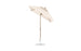The Ledge Lounger Essential Fiberglass Umbrella - 6.5 features marine-grade fabrics, a wooden pole, a circular metal base, and a tilt function.