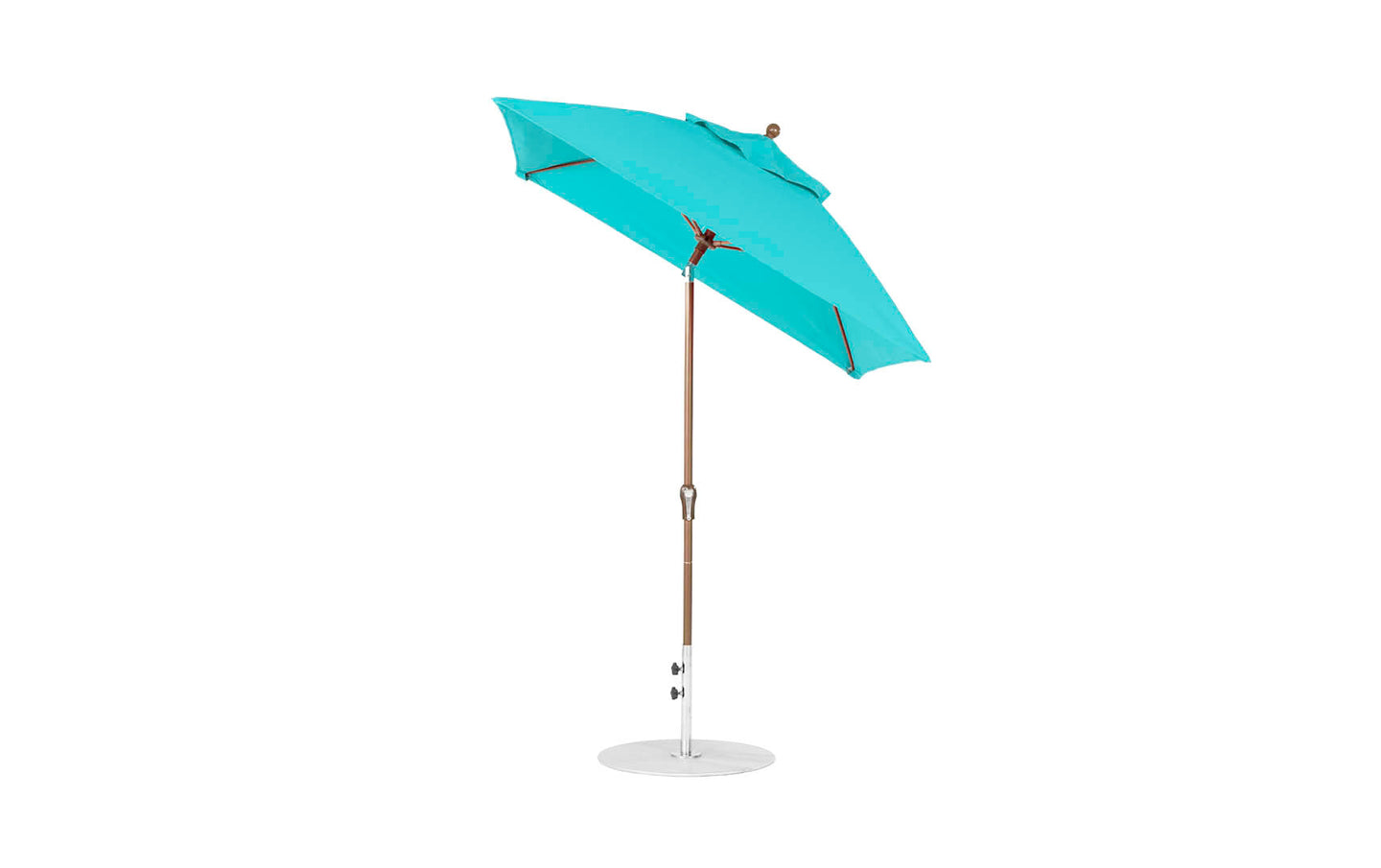 A turquoise Ledge Lounger Essential Fiberglass Umbrella - 6.5 Square Crank Auto Tilt is open and tilted, featuring marine-grade fabrics with a wooden pole and metal base, showcasing its vibrant color and sturdy corrosion-resistant design against a plain white background.