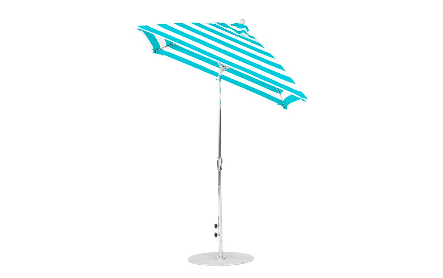 The Ledge Lounger Essential Fiberglass Umbrella features blue and white stripes, marine-grade fabric, and a shiny metal pole on a round silver base. This corrosion-resistant 6.5 square umbrella opens to reveal an adjustable tilt mechanism for optimal sun protection.
