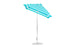The Ledge Lounger Essential Fiberglass Umbrella features blue and white stripes, marine-grade fabric, and a shiny metal pole on a round silver base. This corrosion-resistant 6.5 square umbrella opens to reveal an adjustable tilt mechanism for optimal sun protection.