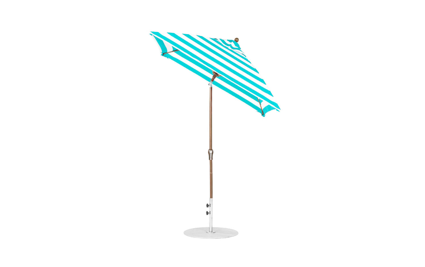 The Essential Fiberglass Umbrella by Ledge Lounger offers a modern, simple design with a turquoise and white striped pattern, wooden pole, and round white base. Its marine-grade fabrics ensure durability, while the 6.5 square shape and auto tilt feature enhance functionality.