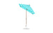 The Essential Fiberglass Umbrella by Ledge Lounger offers a modern, simple design with a turquoise and white striped pattern, wooden pole, and round white base. Its marine-grade fabrics ensure durability, while the 6.5 square shape and auto tilt feature enhance functionality.