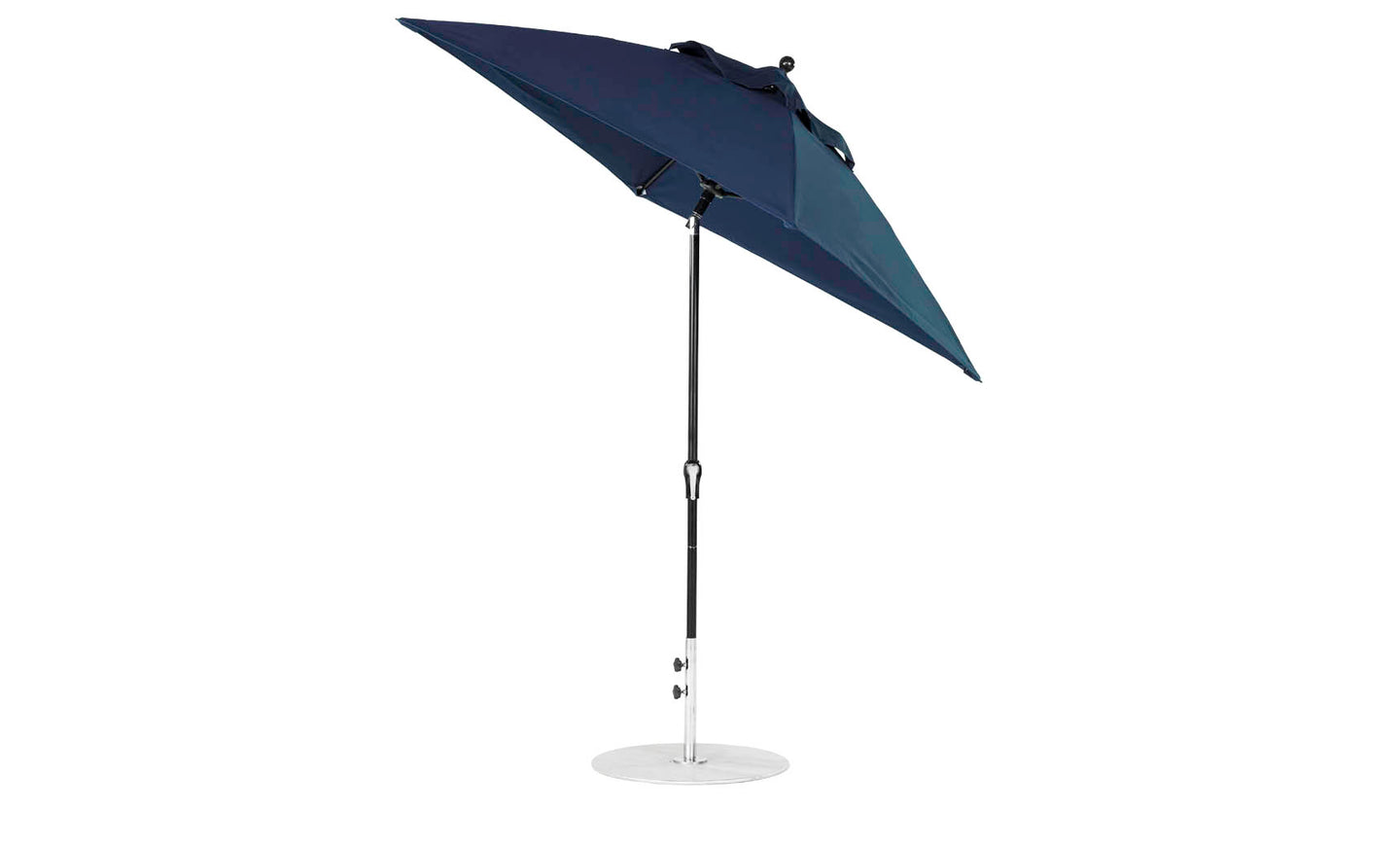 A closed Essential Fiberglass Umbrella by Ledge Lounger, featuring a slim pole and flat base, stands upright against a white background. This navy blue 6.5 square crank auto tilt design uses corrosion-resistant marine-grade fabrics.