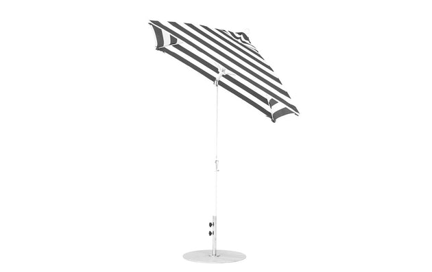 A Ledge Lounger Essential Fiberglass Umbrella featuring a 6.5 square canopy with black and white stripes, a corrosion-resistant white pole, and round metal base, set against a plain white background.