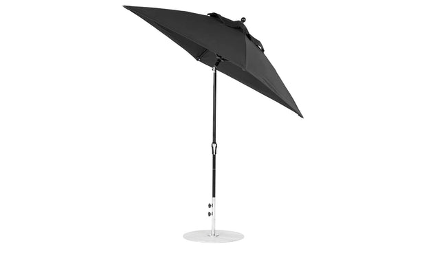 Ledge Loungers Essential Fiberglass Umbrella is a 6.5 square black outdoor umbrella with a tilted canopy. It features corrosion-resistant materials, a metal pole, and circular base, showcasing marine-grade fabrics in a sleek design ideal for garden or patio use.