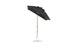 The Ledge Lounger Essential Fiberglass Umbrella - 6.5 Square Crank Auto Tilt features a black canopy with a wooden pole and round white base, made from marine-grade fabrics for durability, showcasing a modern design thats ideal for outdoor settings.