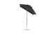 The Ledge Lounger Essential Fiberglass Umbrella - 6.5 Square Crank Auto Tilt features a black canopy with a wooden pole and round white base, made from marine-grade fabrics for durability, showcasing a modern design thats ideal for outdoor settings.