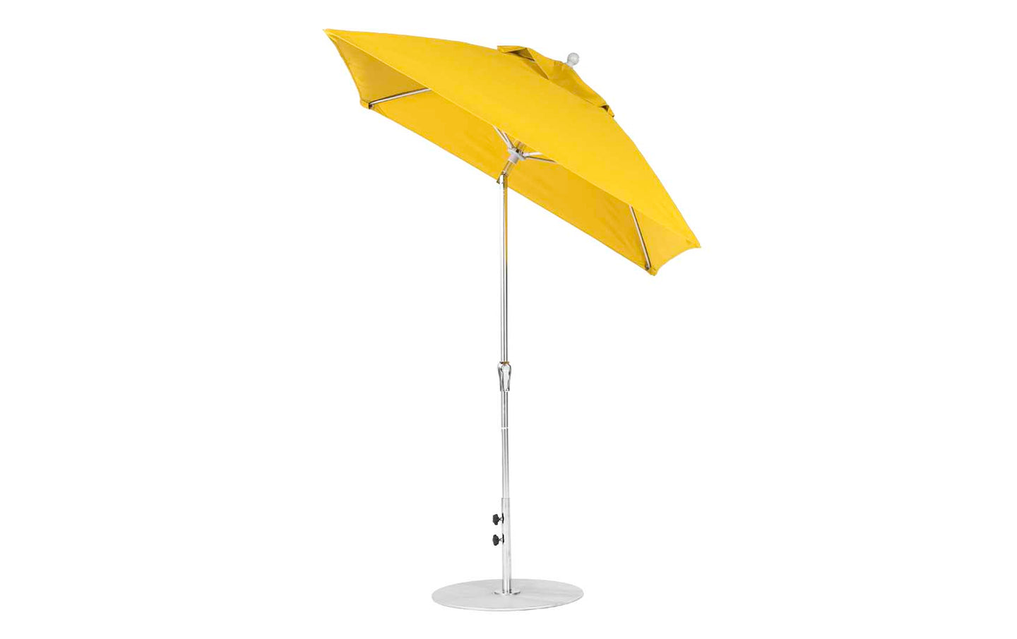 A Ledge Lounger Essential Fiberglass Umbrella in yellow, featuring a corrosion-resistant metal pole with a round base, is slightly tilted to one side.