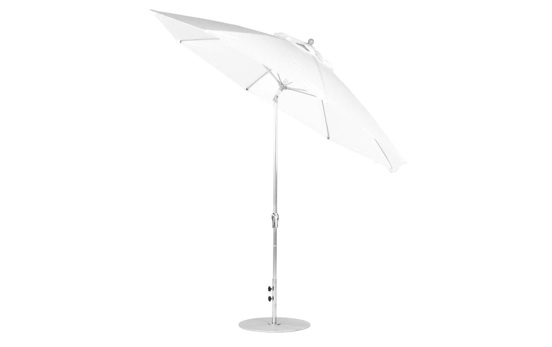 A large white Ledge Lounger Essential Fiberglass Umbrella, 11 Octagon Crank Auto Tilt, featuring a sleek aluminum center pole and base. It is open on a plain white background, showcasing its wide canopy made from marine-grade fabrics designed to withstand the elements.