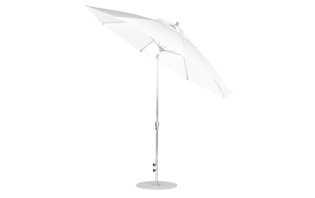 A large white Ledge Lounger Essential Fiberglass Umbrella, 11 Octagon Crank Auto Tilt, featuring a sleek aluminum center pole and base. It is open on a plain white background, showcasing its wide canopy made from marine-grade fabrics designed to withstand the elements.