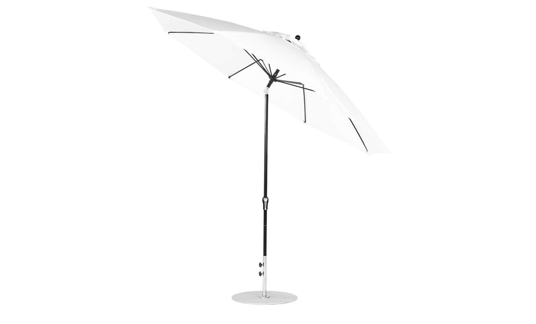 The Ledge Lounger Essential Fiberglass Umbrella - 11 Octagon Crank Auto Tilt boasts a sleek black aluminum center pole and a round base. Its wide marine-grade fabric canopy, set against a plain white background, opens to showcase both style and durability.