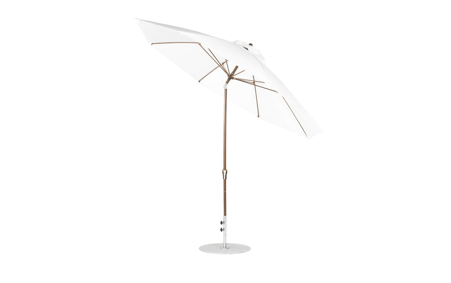The Ledge Lounger Essential Fiberglass Umbrella, featuring an 11 octagon canopy with a crank auto-tilt, has a metal pole and round base. Its angular support structure showcases marine-grade fabrics for outdoor durability and sun protection.