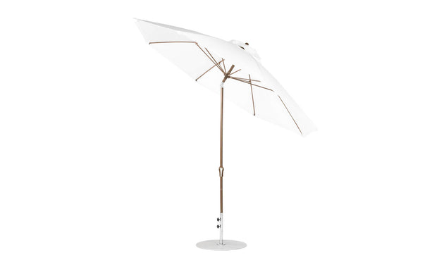 The Ledge Lounger Essential Fiberglass Umbrella, featuring an 11 octagon canopy with a crank auto-tilt, has a metal pole and round base. Its angular support structure showcases marine-grade fabrics for outdoor durability and sun protection.
