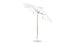 The Ledge Lounger Essential Fiberglass Umbrella, featuring an 11 octagon canopy with a crank auto-tilt, has a metal pole and round base. Its angular support structure showcases marine-grade fabrics for outdoor durability and sun protection.