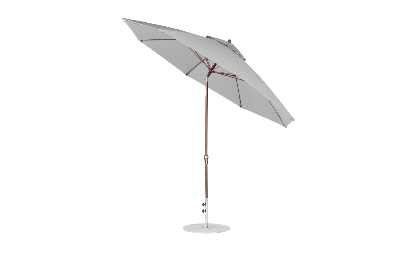 The Ledge Lounger Essential Fiberglass Umbrella features an 11 octagon canopy in gray, made from marine-grade fabric. It has a fiberglass pole with a round, corrosion-resistant base and a simple modern design. The umbrella is fully open with a slight tilt for ample shade.