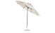 The Essential Fiberglass Umbrella by Ledge Lounger showcases an 11 octagon beige canopy made from marine-grade fabrics, with an aluminum center pole featuring a slight tilt and crank handle, all supported by a flat circular metal base.