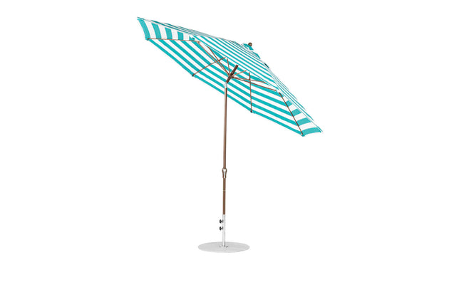 The Ledge Lounger Essential Fiberglass Umbrella features a turquoise and white stripe design with a sturdy aluminum center pole, round base, and an 11 octagon crank auto tilt for optimal sun protection, while marine-grade fabrics ensure outdoor durability.