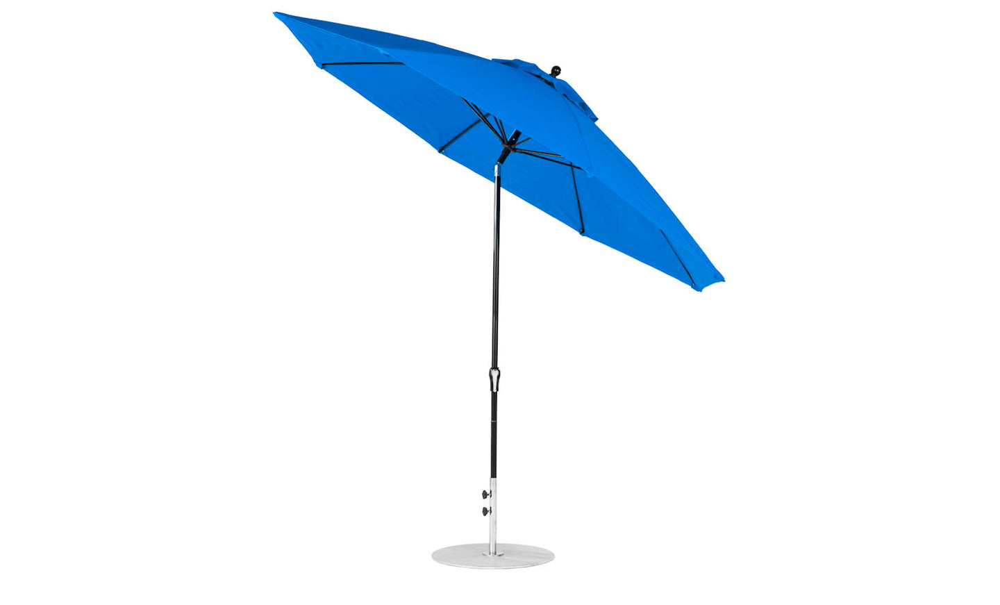 A vibrant blue 11 octagon Essential Fiberglass Umbrella by Ledge Lounger features marine-grade fabrics, an aluminum pole with a round base, and a sleek design. It includes a slightly tilted configuration and crank handle for easy adjustment, set against a white background.