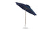 The Ledge Lounger Essential Fiberglass Umbrella boasts an 11 octagon crank auto tilt design with a dark blue marine-grade fabric canopy, a wooden pole, and white base. Its durable construction features visible metal spokes for stability.