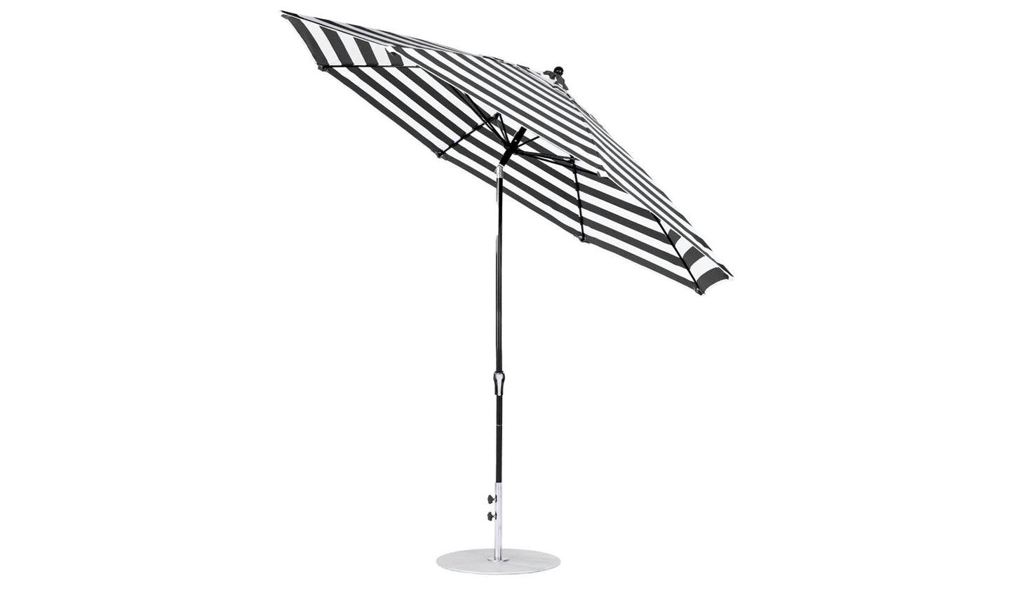 Tilted to show its underside, the Essential Fiberglass Umbrella by Ledge Lounger is an 11 octagon with a crank auto tilt, aluminum center pole, and circular base, featuring a black and white striped design perfect for modern outdoor spaces.