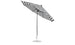 Tilted to show its underside, the Essential Fiberglass Umbrella by Ledge Lounger is an 11 octagon with a crank auto tilt, aluminum center pole, and circular base, featuring a black and white striped design perfect for modern outdoor spaces.