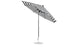 Tilted to show its underside, the Essential Fiberglass Umbrella by Ledge Lounger is an 11 octagon with a crank auto tilt, aluminum center pole, and circular base, featuring a black and white striped design perfect for modern outdoor spaces.