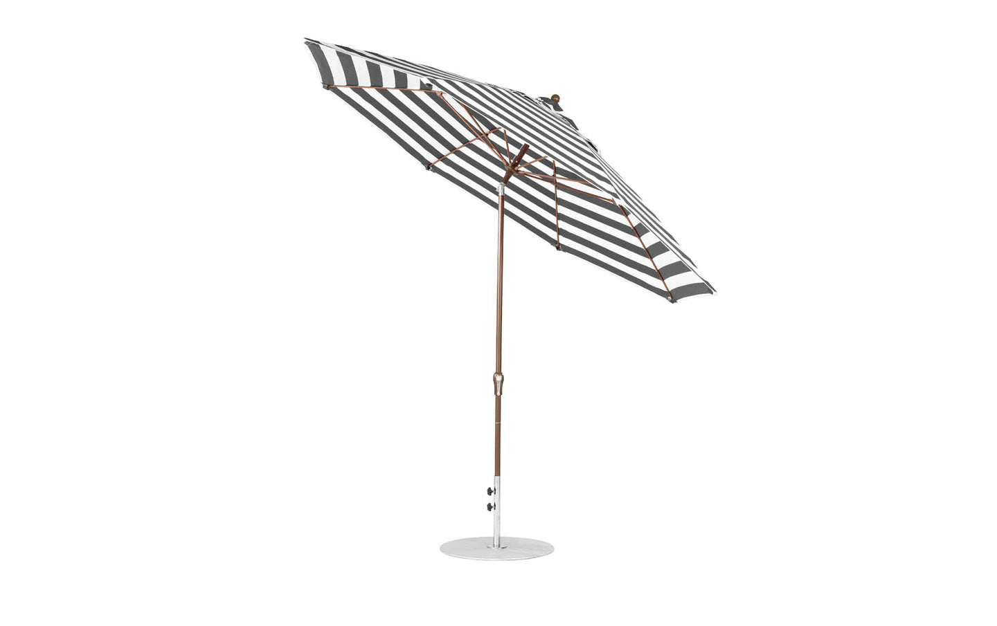 The Ledge Lounger Essential Fiberglass Umbrella sports an 11 octagon crank auto tilt with a black and white striped canopy. The aluminum pole and sturdy base make it an elegant and durable choice for any outdoor area.