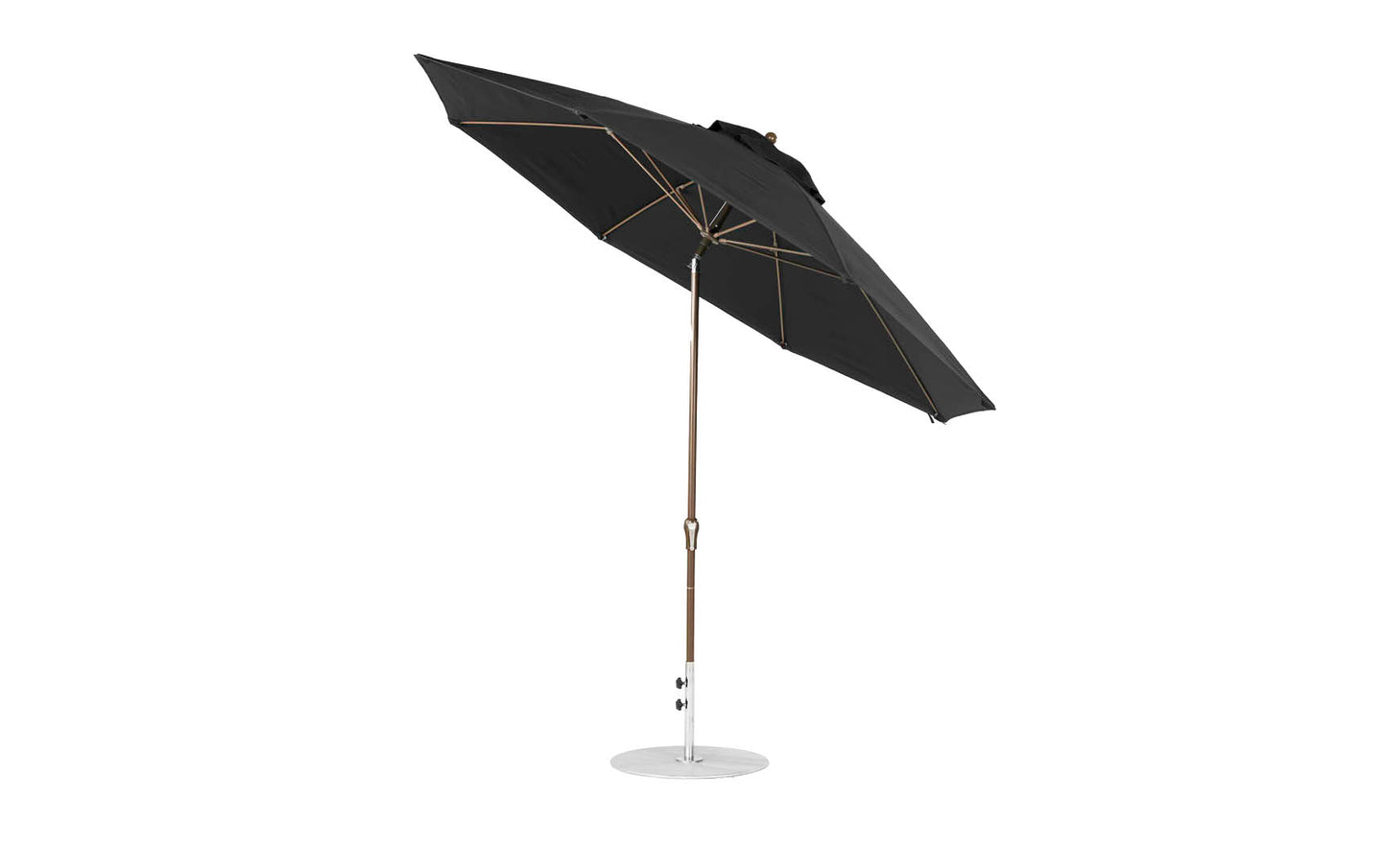 The Ledge Lounger Essential Fiberglass Umbrella features marine-grade fabrics and a brown pole, with an 11 octagon crank and auto tilt mechanism. It is black with a round base, partially tilted to the side to reveal its metal ribs.
